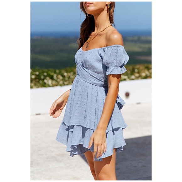 Periwinkle Swiss Dot Ruffle Off Shoulder Romper - Picture 3 of 6